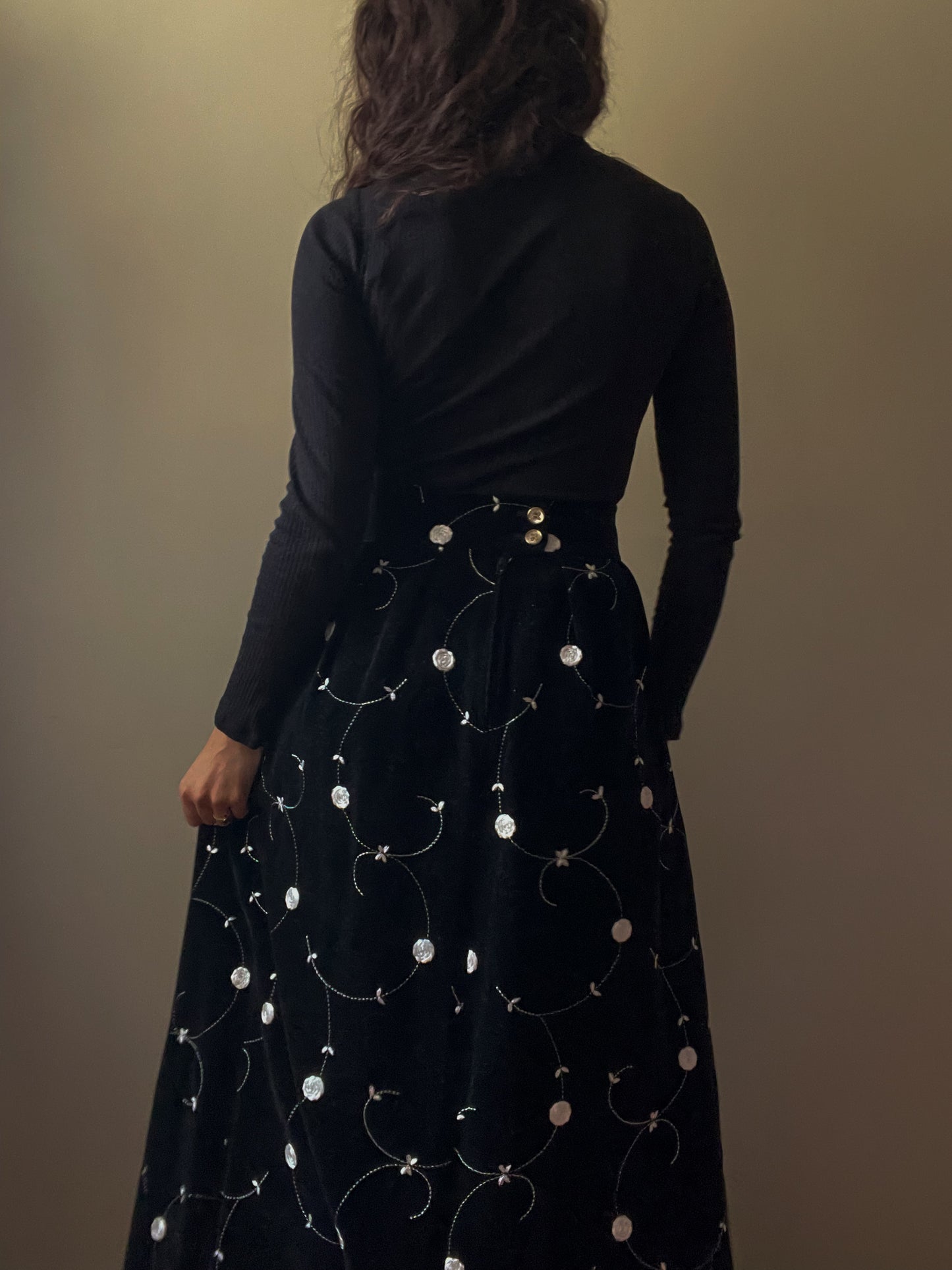 Vintage Designer Celine Black Velvet High Waist Skirt