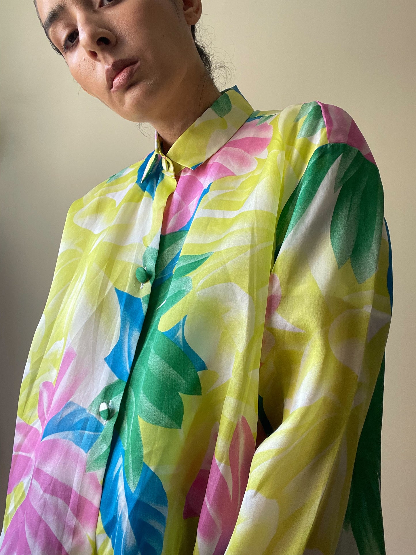 Vintage Designer Crisca Silk Tropical Print Top