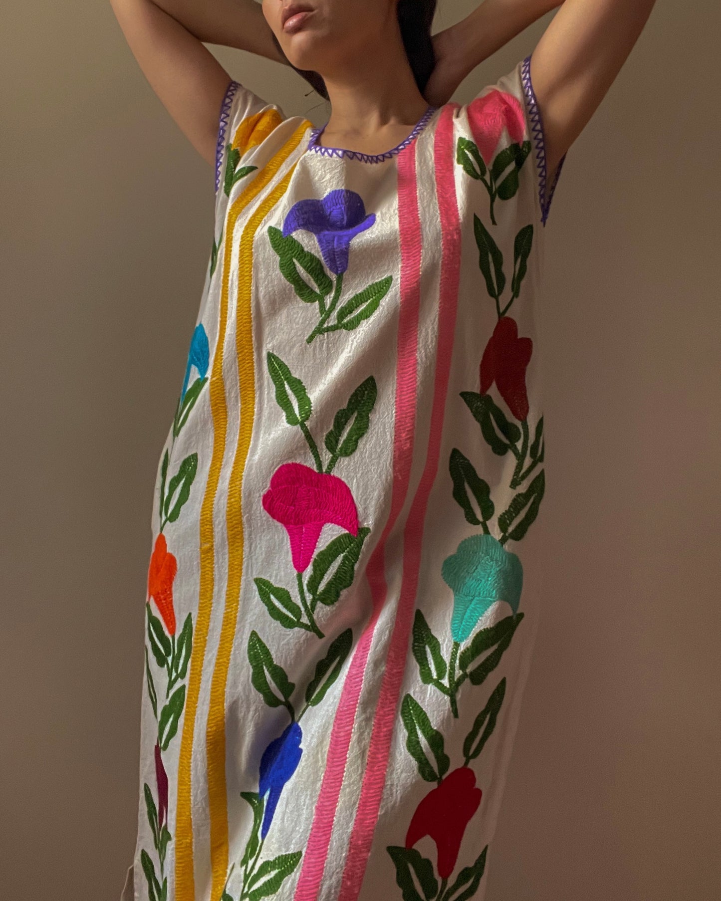 Vintage Mexican Colorful Embroidered Floral Dress