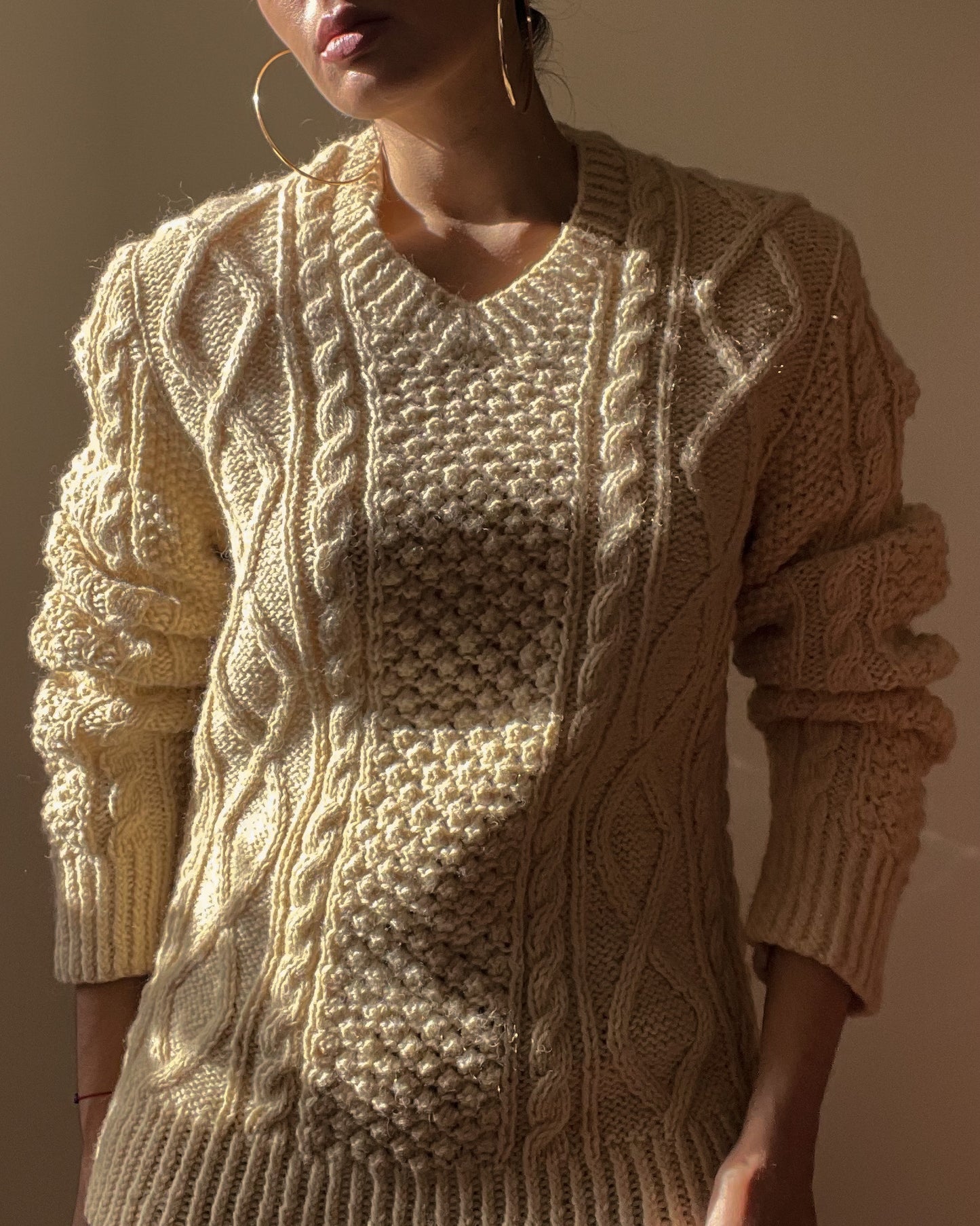 Vintage Chunky Knit Wool Sweater in Cream Color