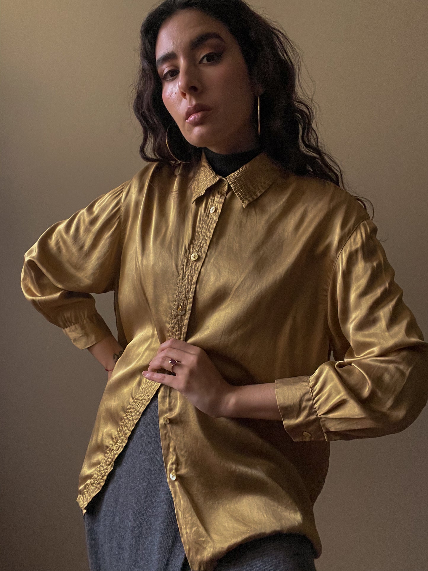 Vintage Designer Luisa Spagnoli Gold Satin Silk Top
