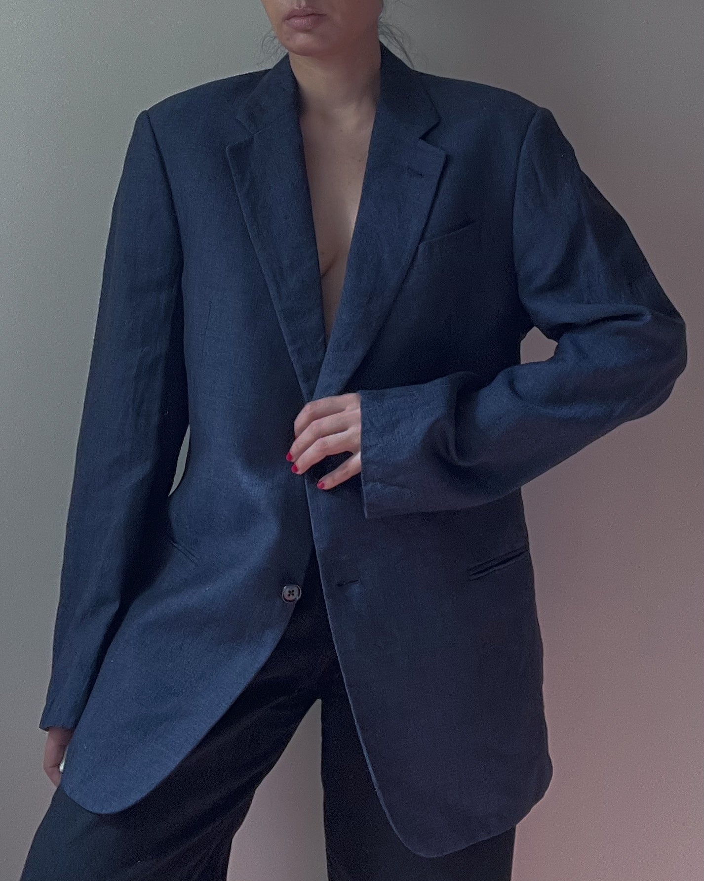 Vintage Oversized Navy Linen Blend Armani Blazer