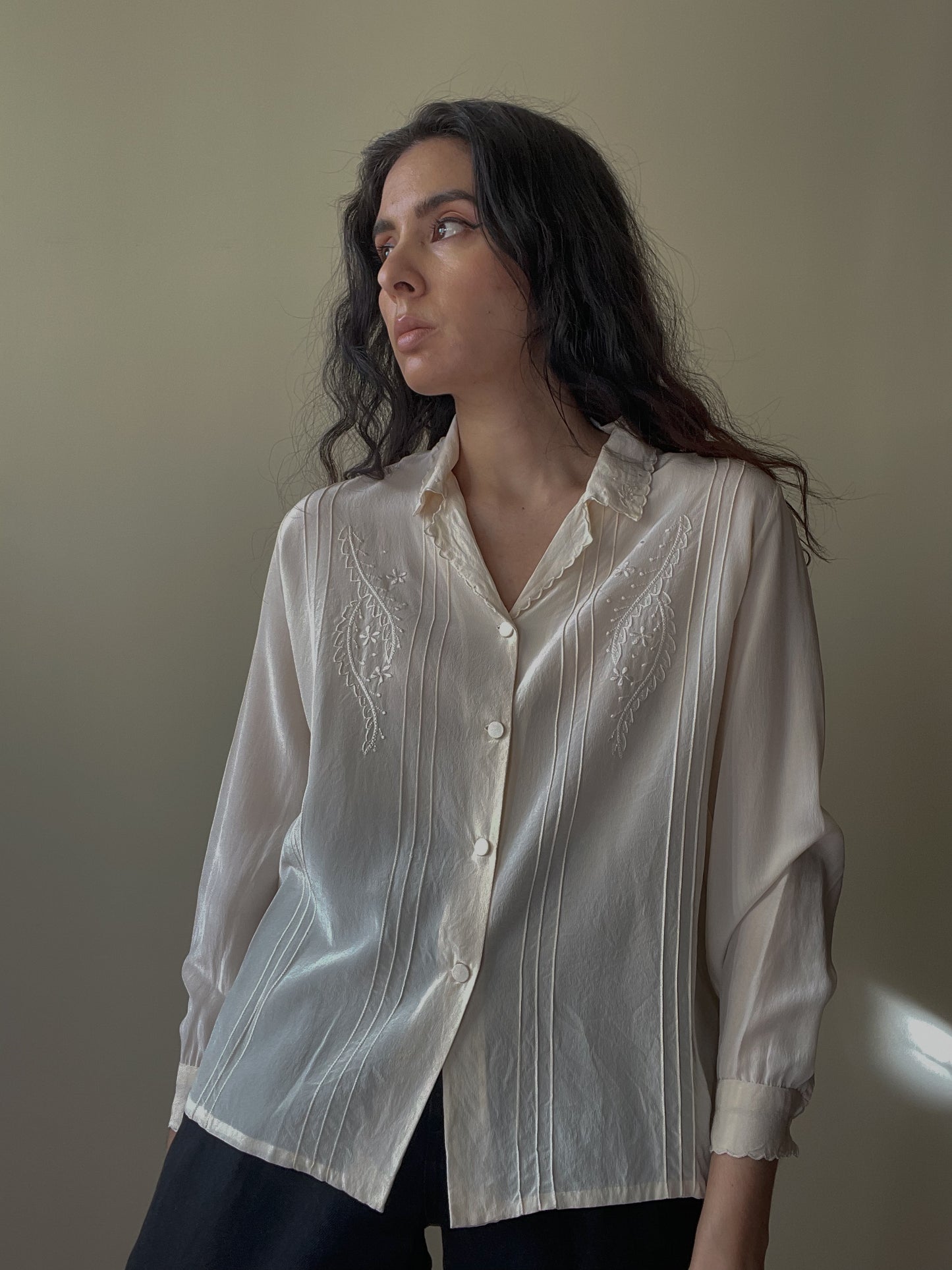 Vintage Cream Embroidered Silk Top