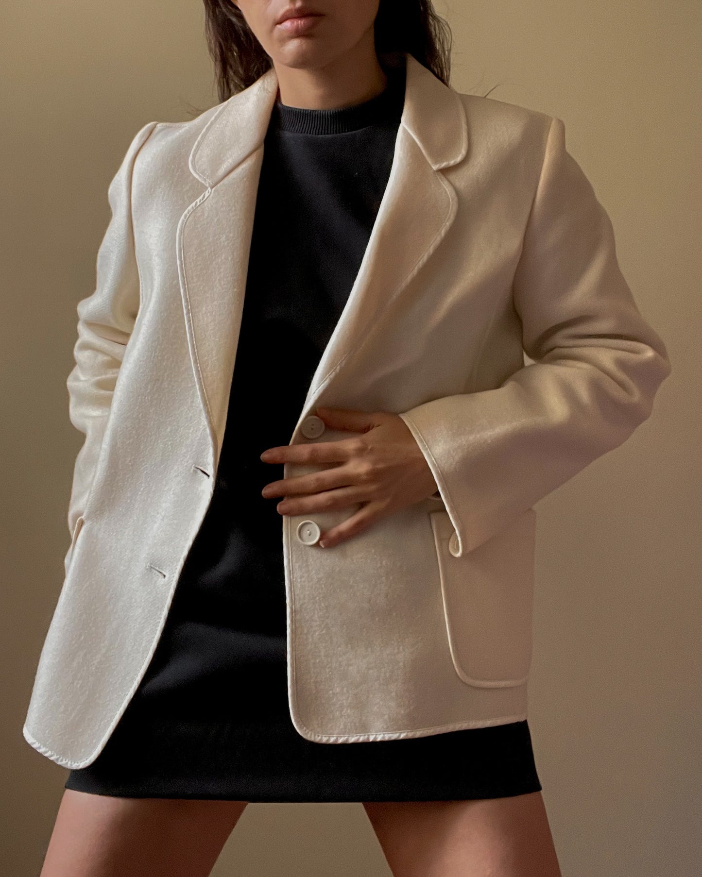 Vintage Preppy Cream Wool Blazer with Pockets