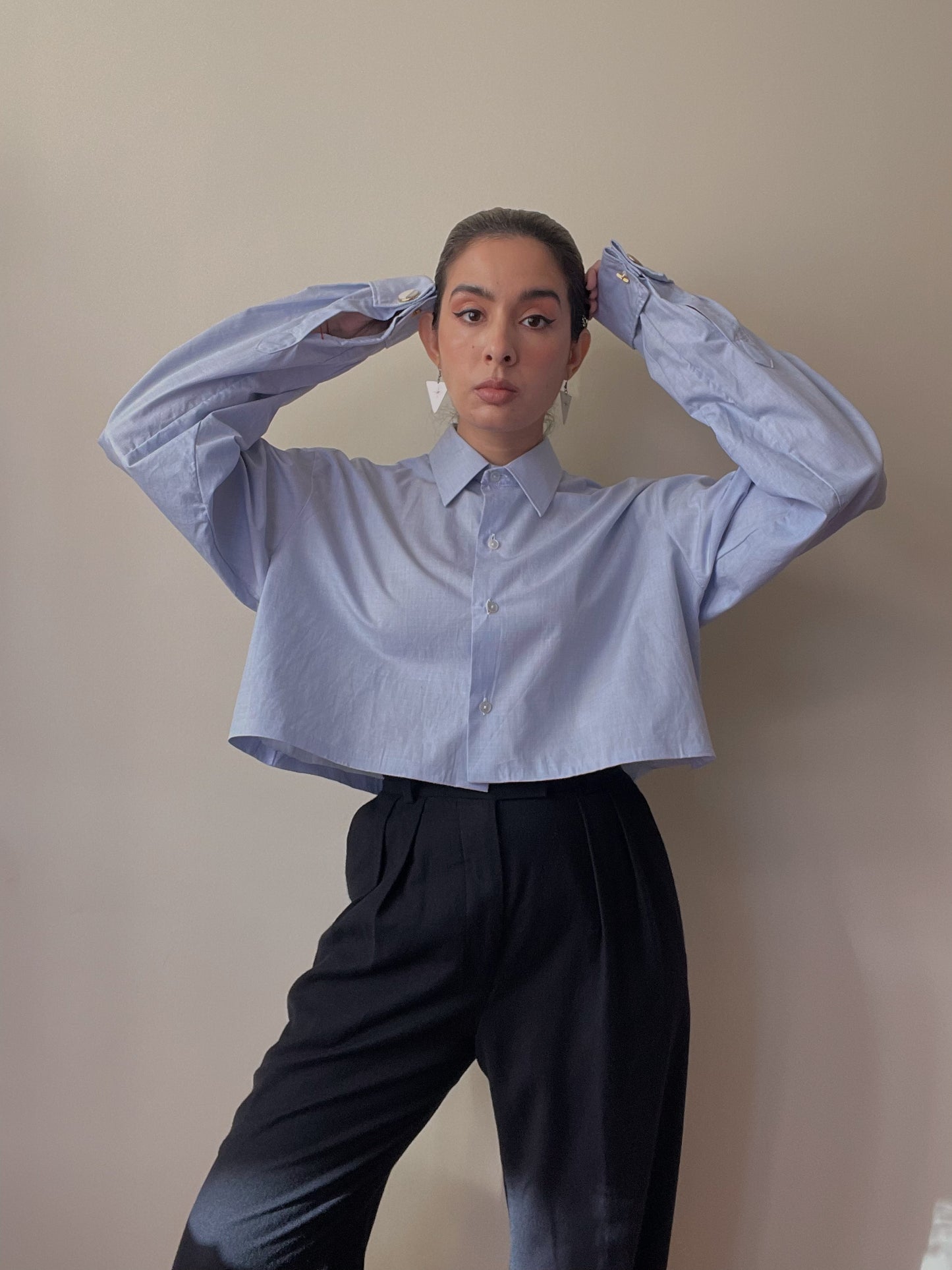Vintage Blue Cotton Cropped Cufflink Shirt