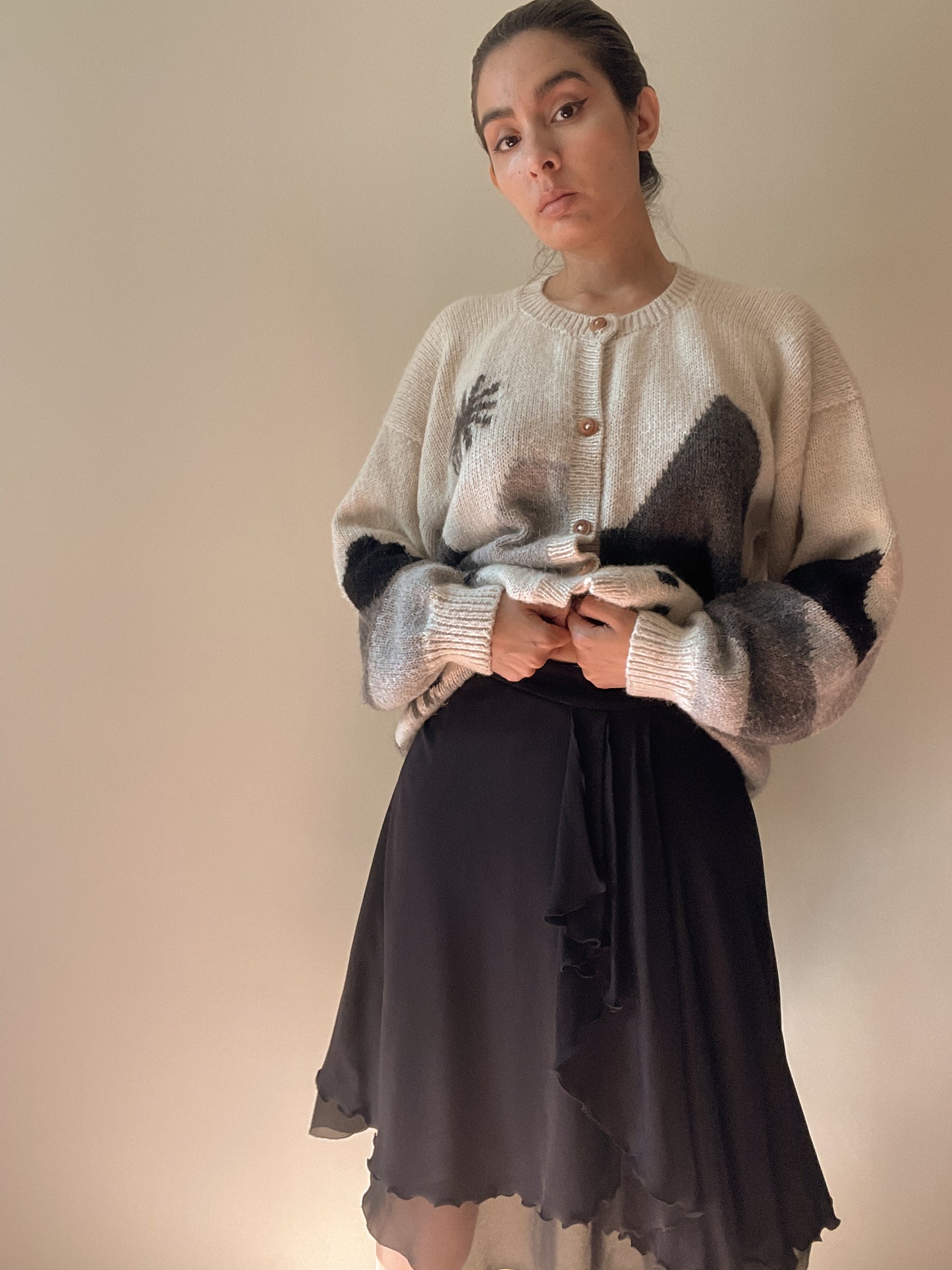 Vintage Designer Armani Midi Black Silk Ruffle Trim Skirt