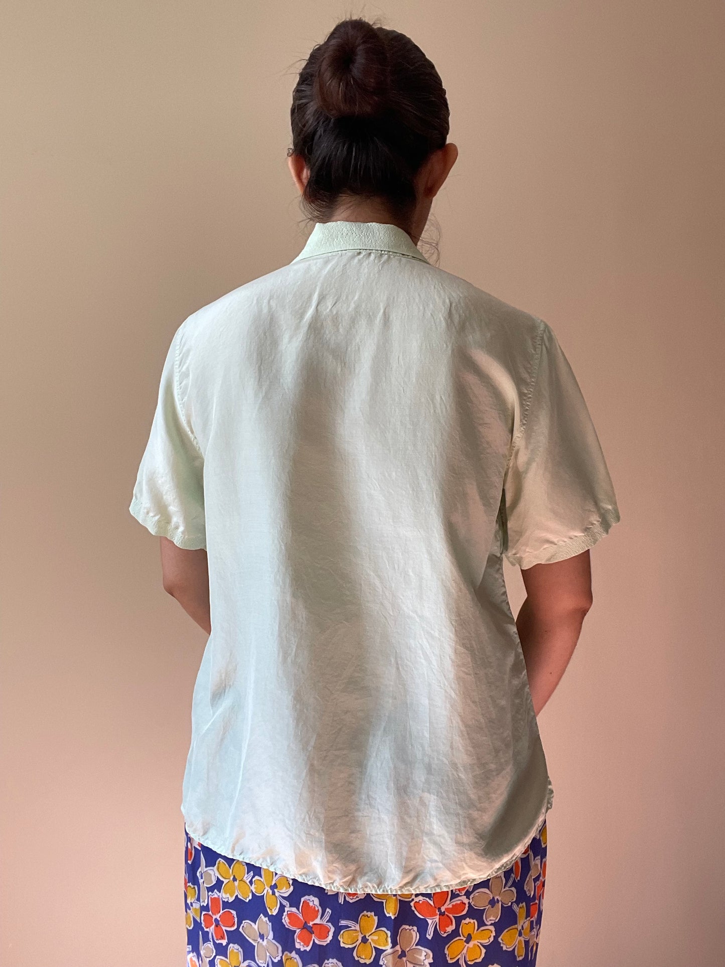 Vintage Designer Jil Sander Green Boxy Stitched Silk Top