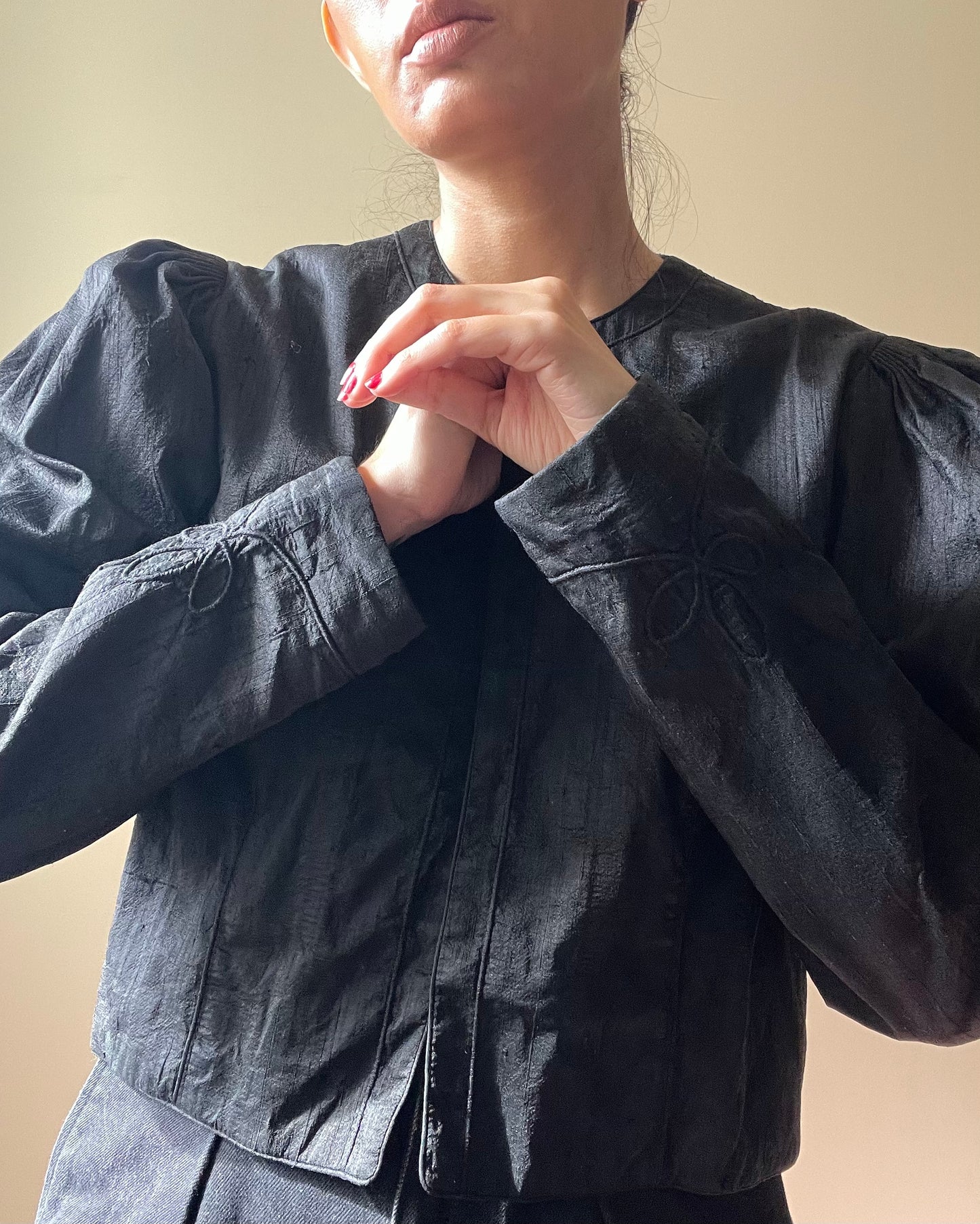 Vintage Silk Black Cropped Puff Sleeve Bolero Jacket