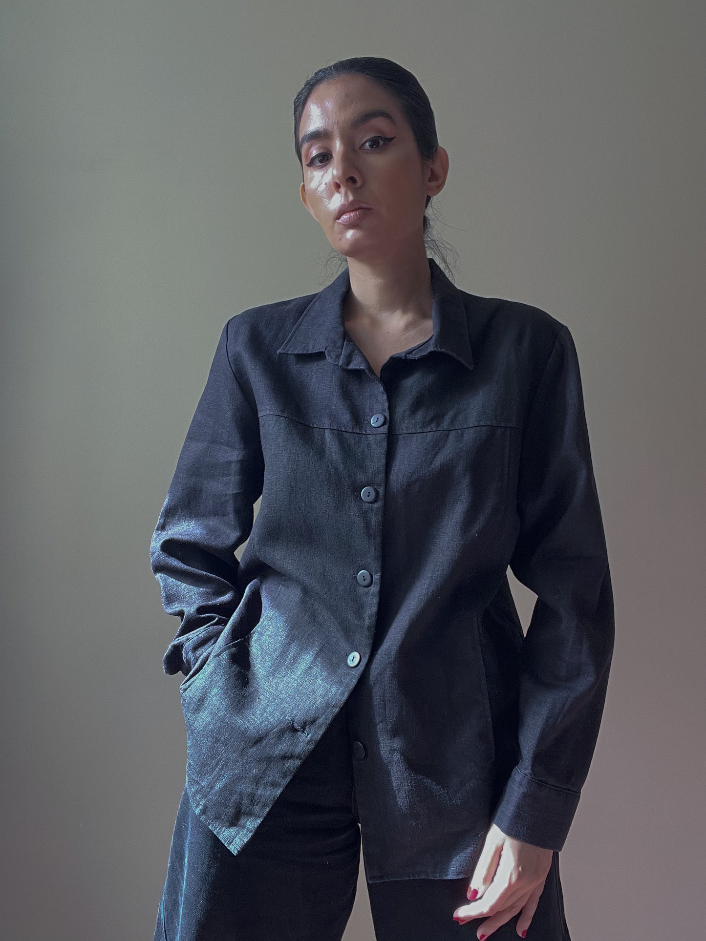 Vintage Black Boxy Linen Shirt