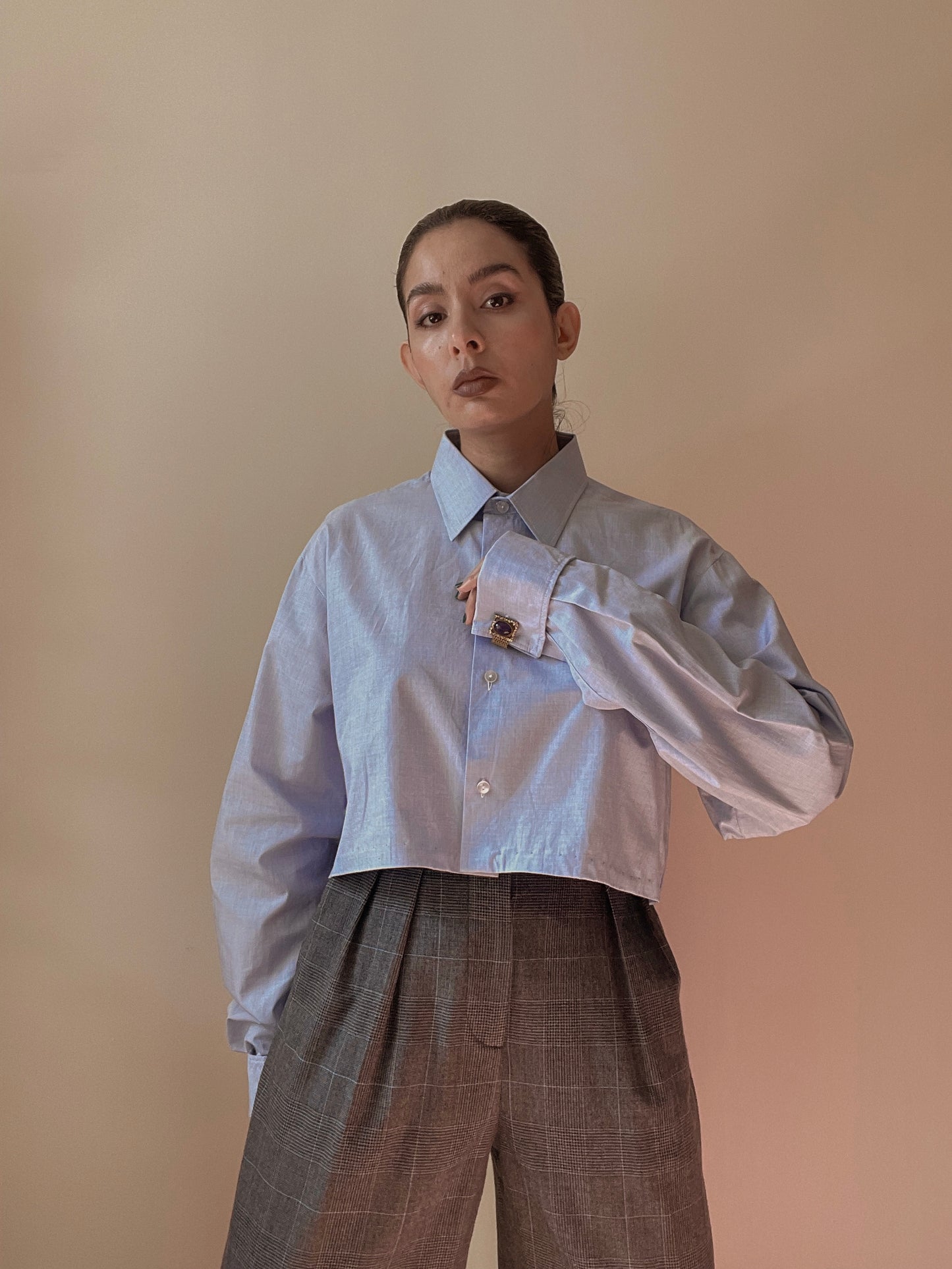 Vintage Blue Cotton Cropped Cufflink Shirt