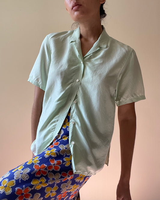 Vintage Designer Jil Sander Green Boxy Stitched Silk Top