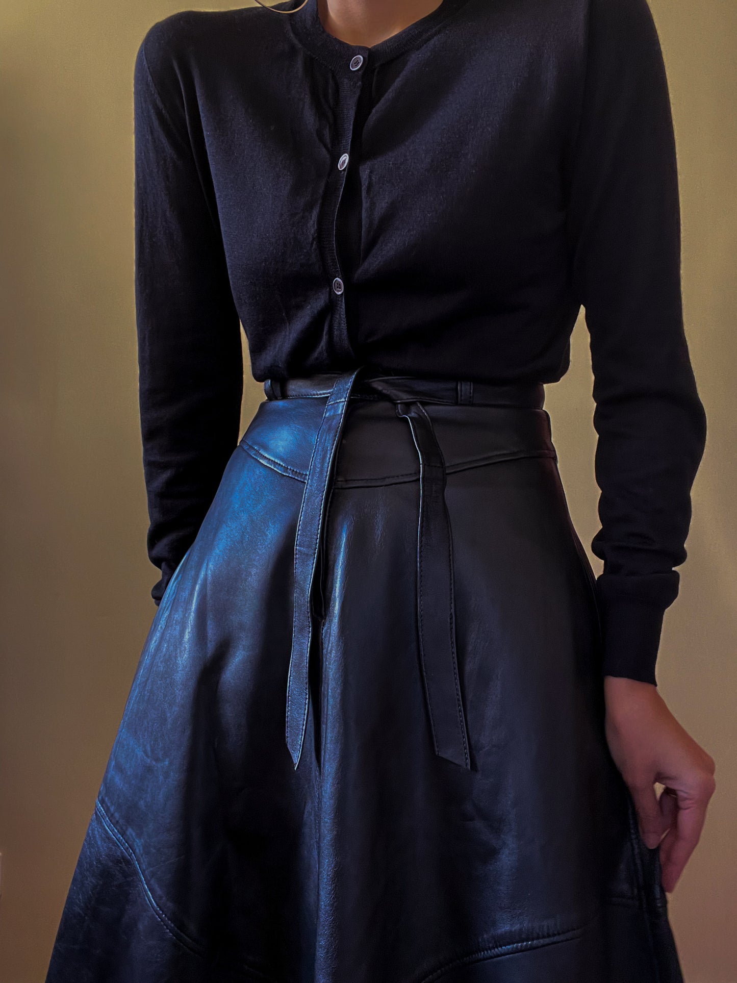 Vintage Black Leather Belted Skirt