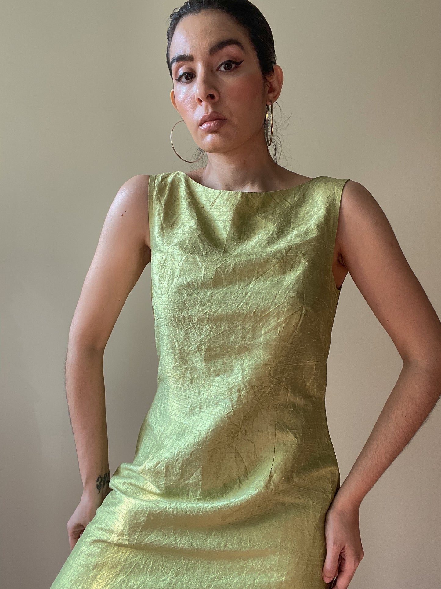 Vintage Pistachio Green Silk Sleeveless Dress