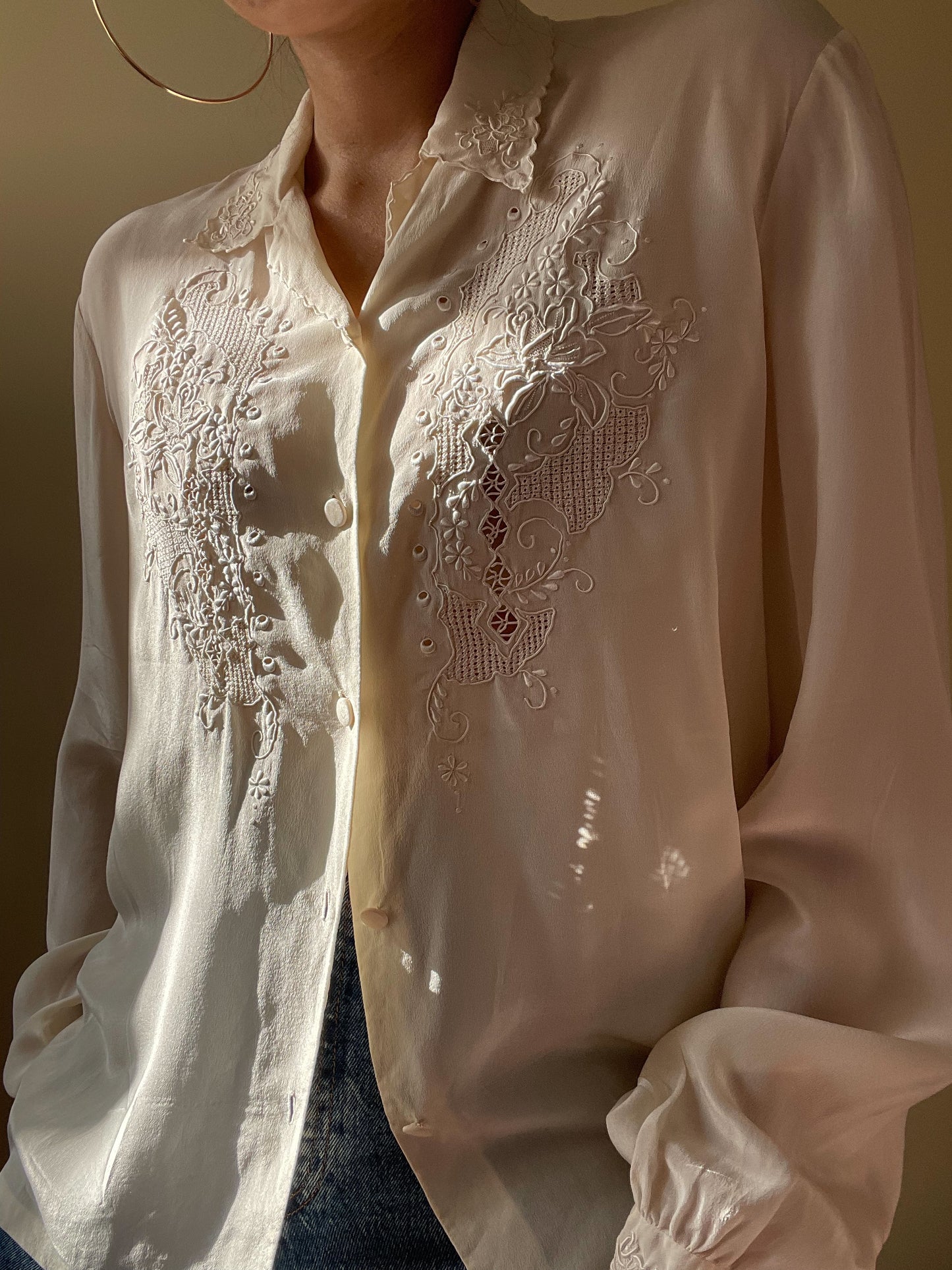 Vintage Cream Silk Collared Blouse With Embroidered Frontal Detail