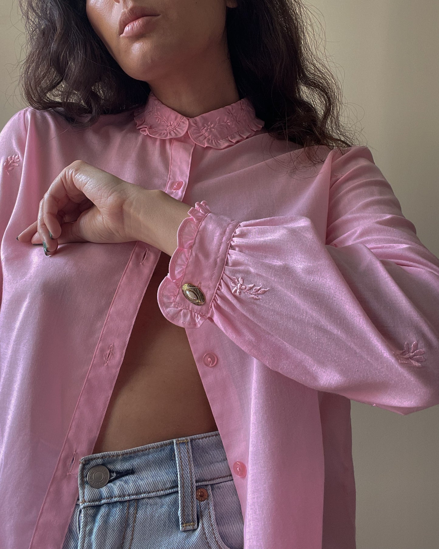 Vintage Pink Cotton Embroidered Cufflink Shirt