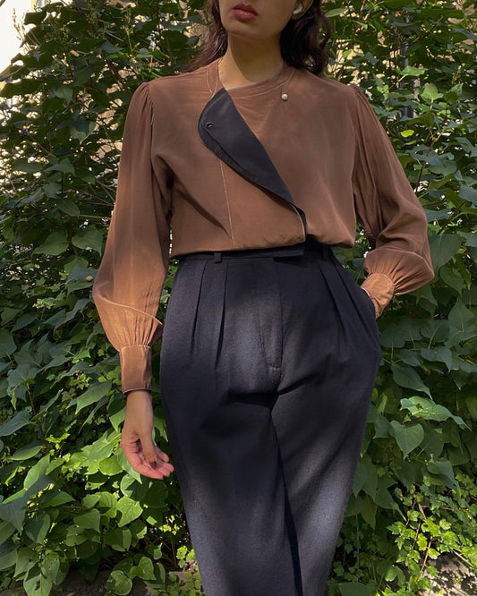 Vintage Hand Dyed Brown Colorblock Silk Blouse