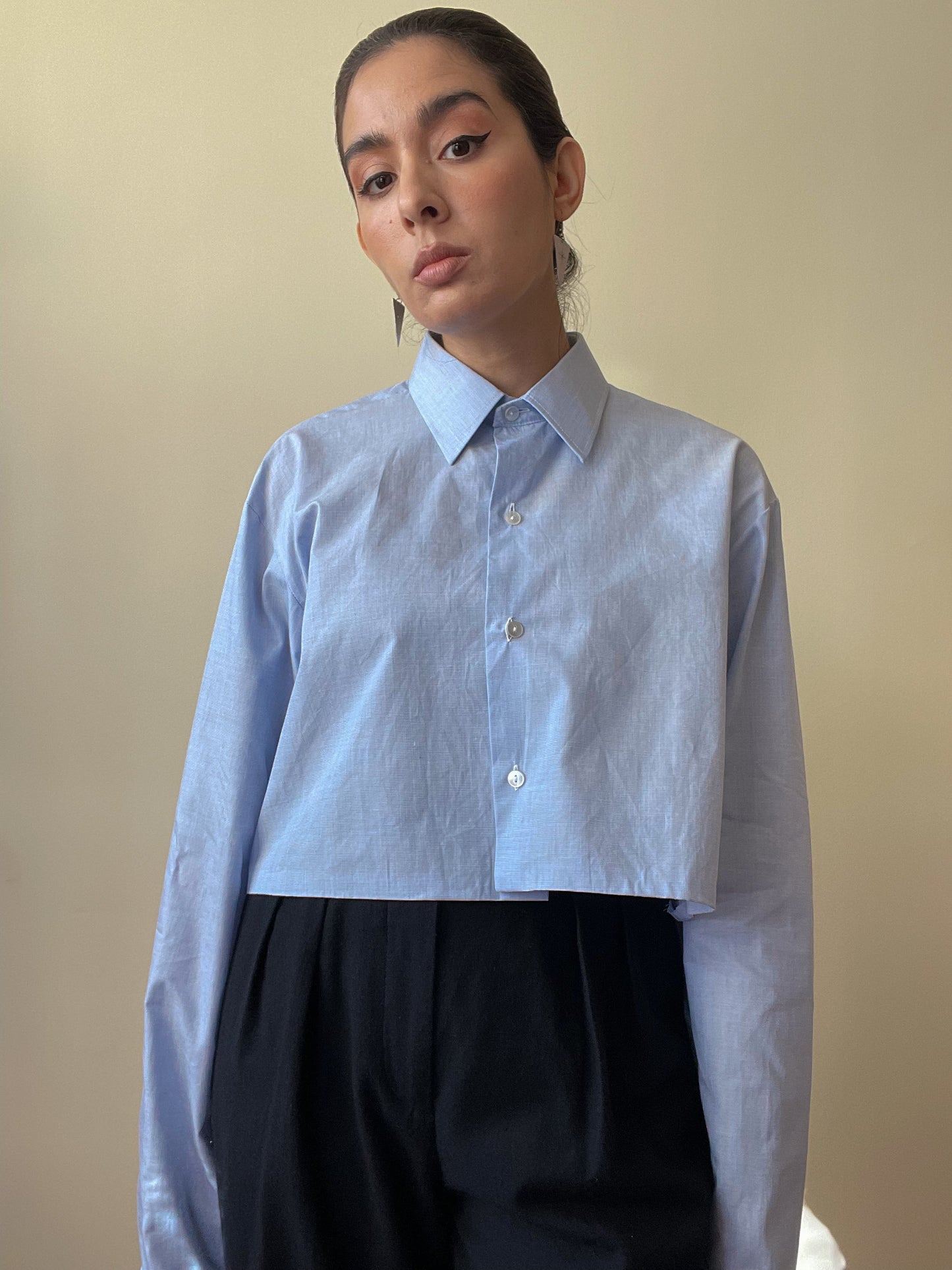 Vintage Blue Cotton Cropped Cufflink Shirt