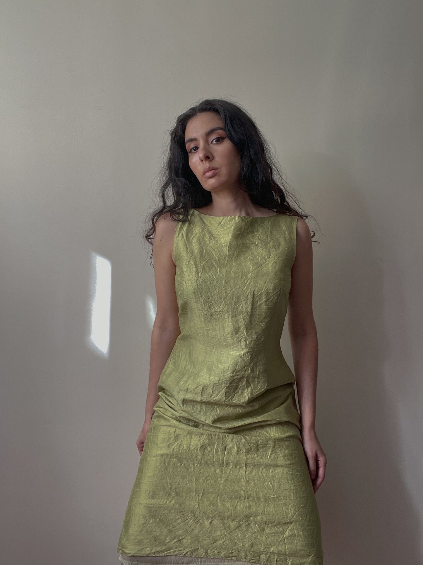 Vintage Pistachio Green Silk Sleeveless Dress