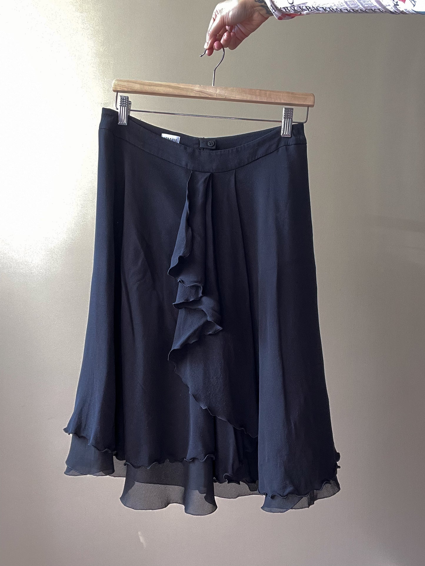 Vintage Designer Armani Midi Black Silk Ruffle Trim Skirt