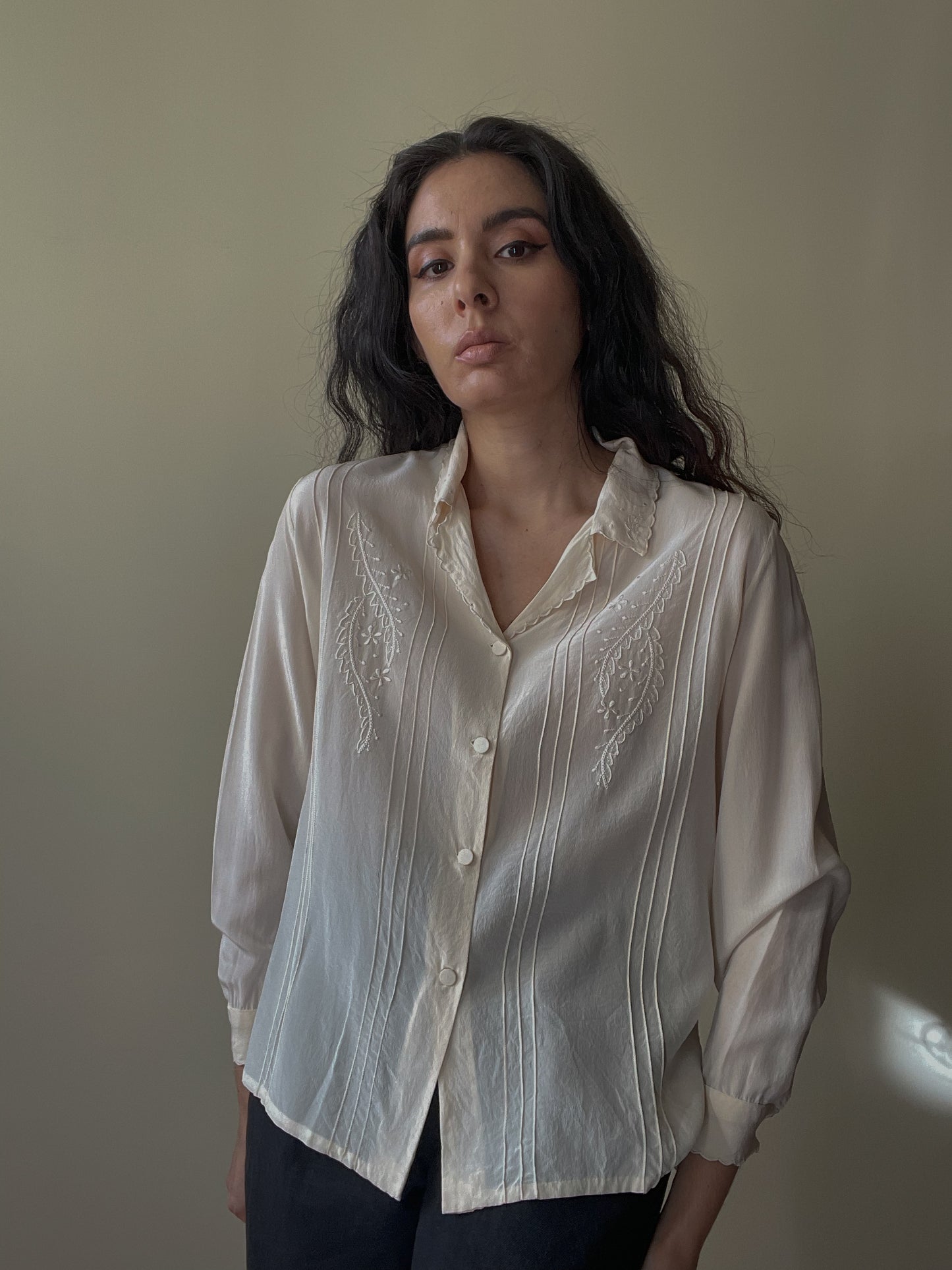 Vintage Cream Embroidered Silk Top