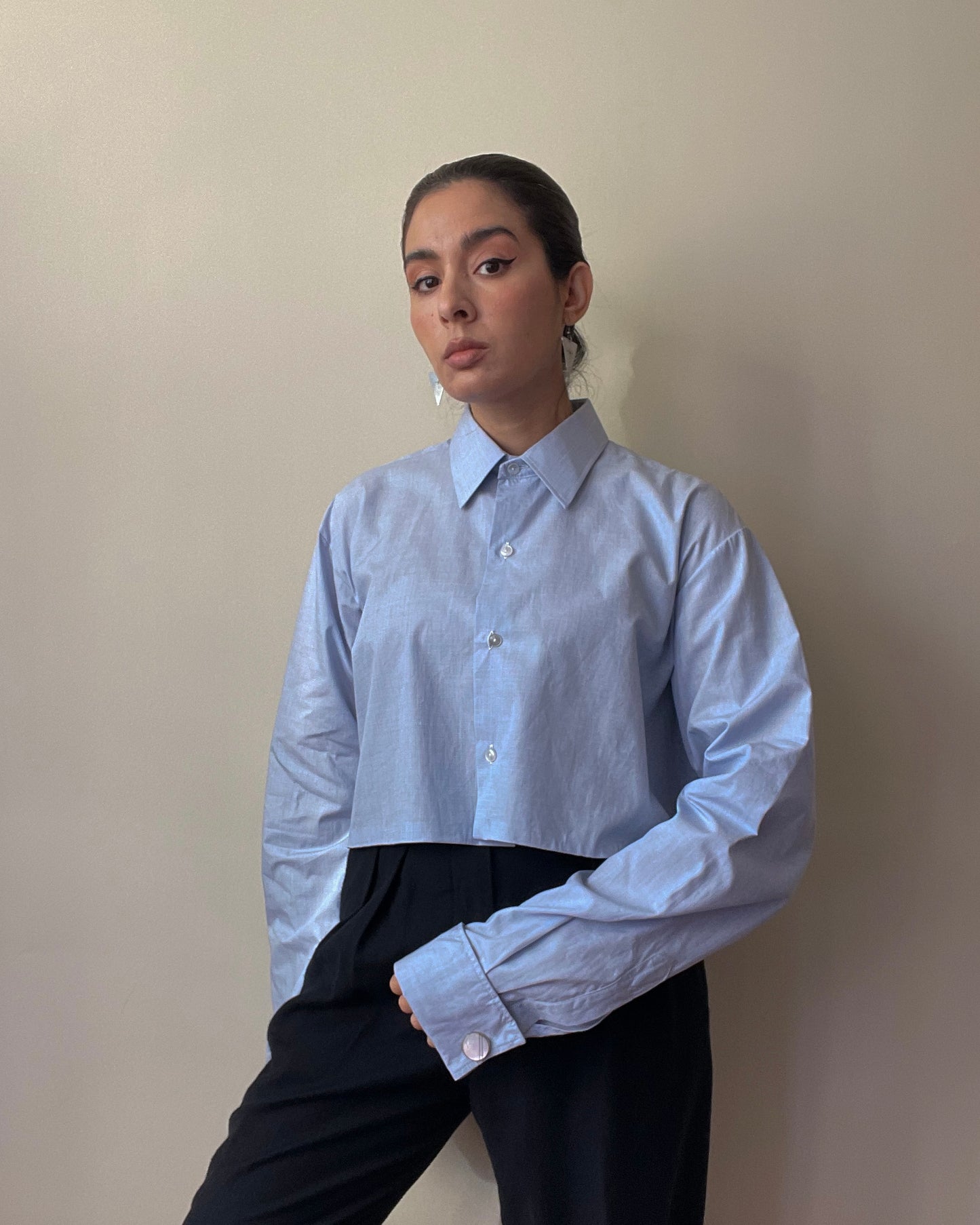 Vintage Blue Cotton Cropped Cufflink Shirt