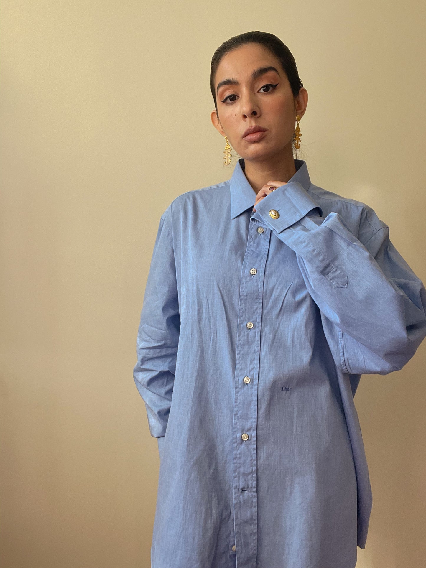 Vintage Designer Christian Dior Blue Cuff Link Shirt
