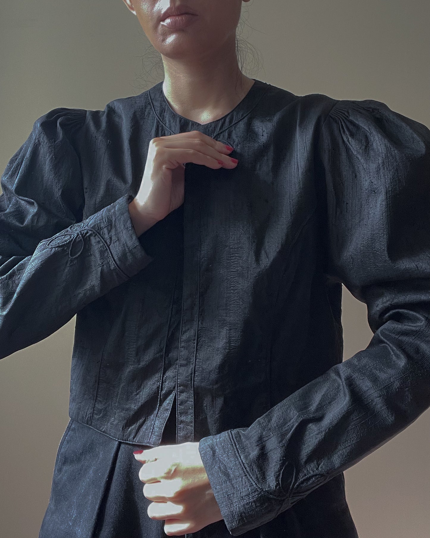 Vintage Silk Black Cropped Puff Sleeve Bolero Jacket
