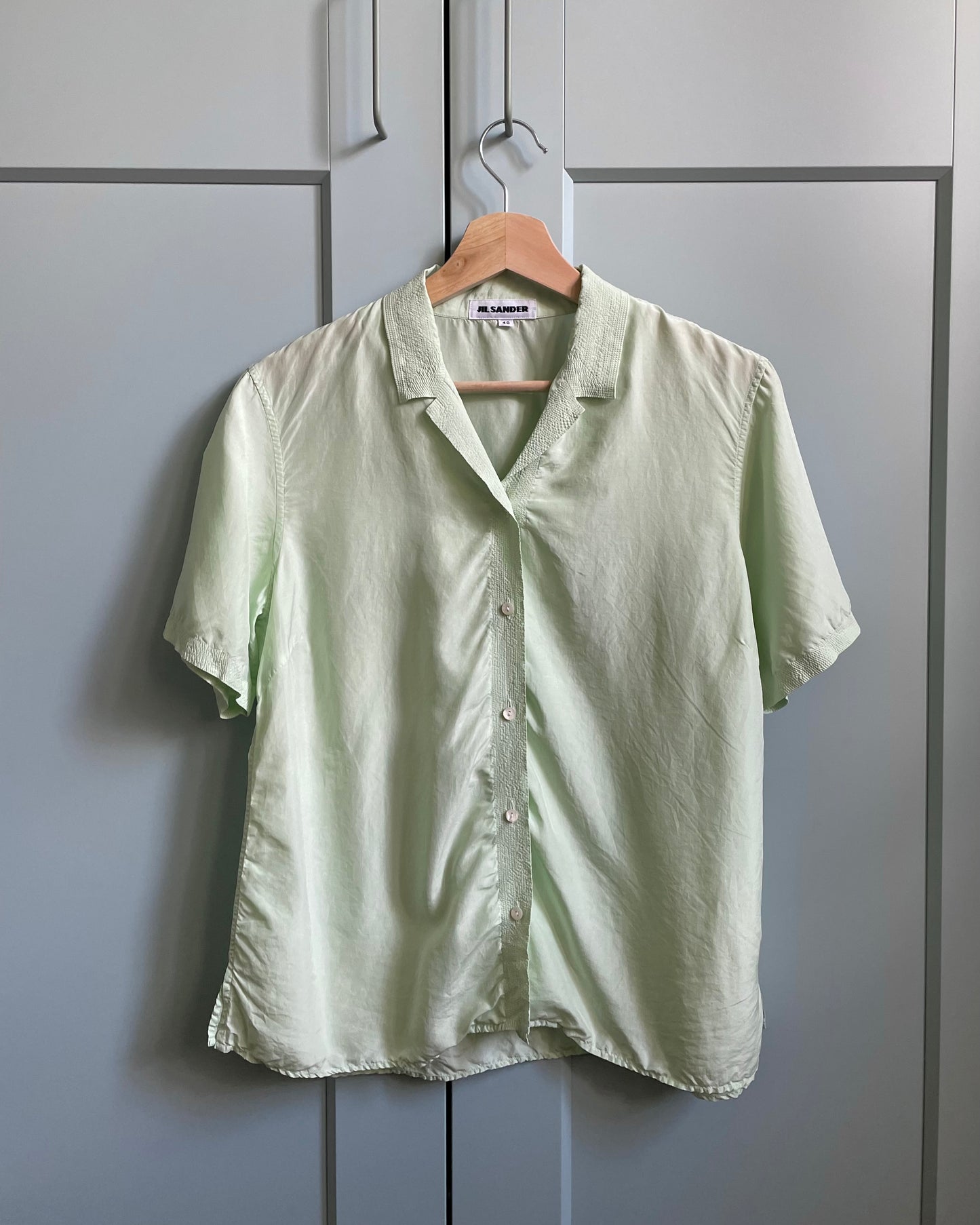 Vintage Designer Jil Sander Green Boxy Stitched Silk Top