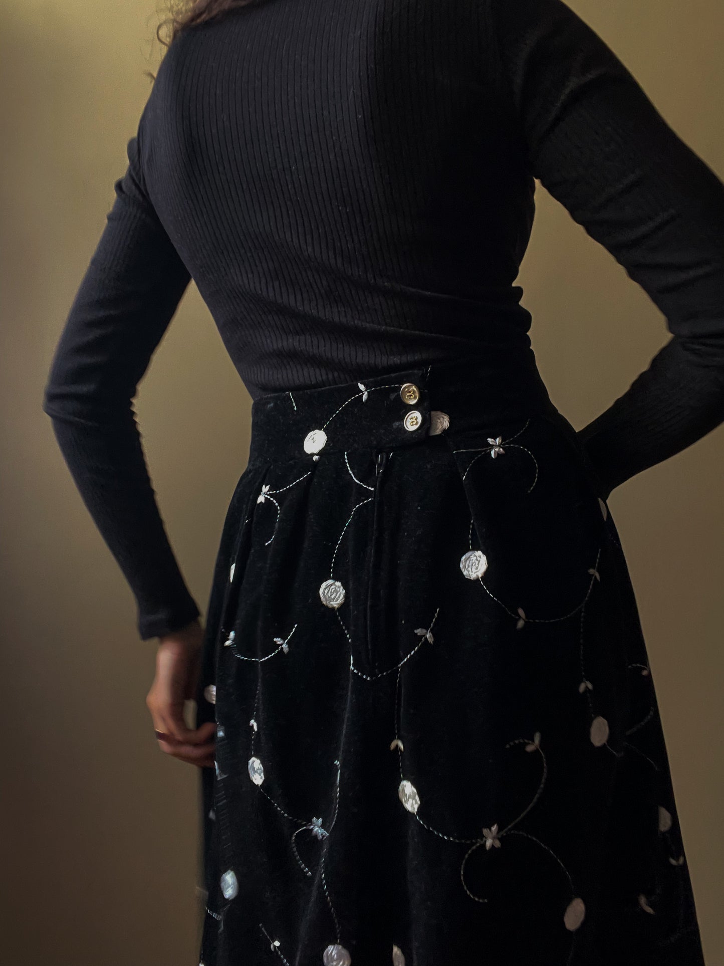 Vintage Designer Celine Black Velvet High Waist Skirt