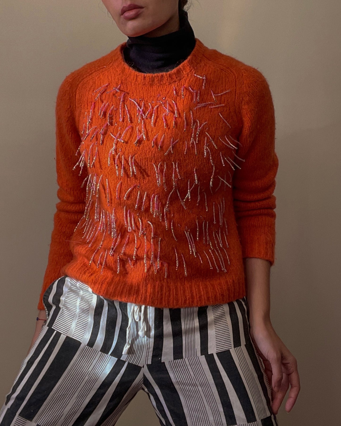 Preloved Peruvian Designer Mozh Mozh Orange Alpaca Beaded Sweater