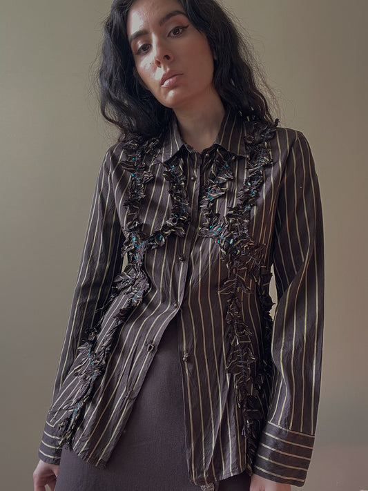 Vintage Designer Class By Roberto Cavalli Brown Stripe Ruffle Top
