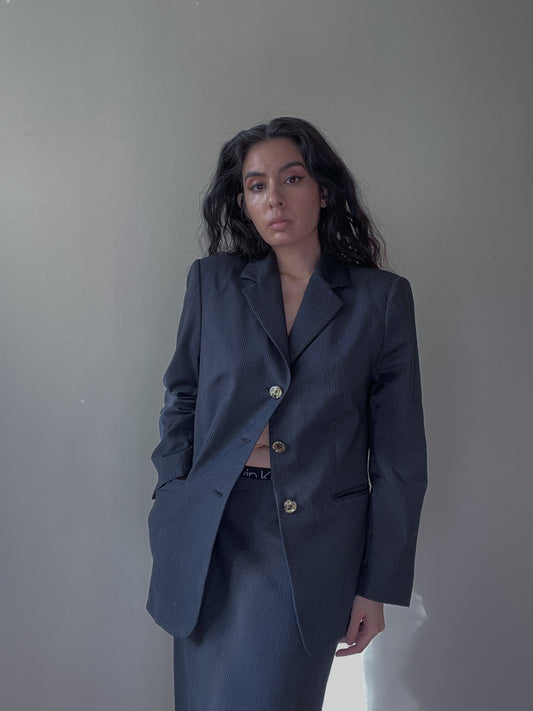 Vintage Designer Gianfranco Ferré Studio Navy Wool Stripe Skirt Suit