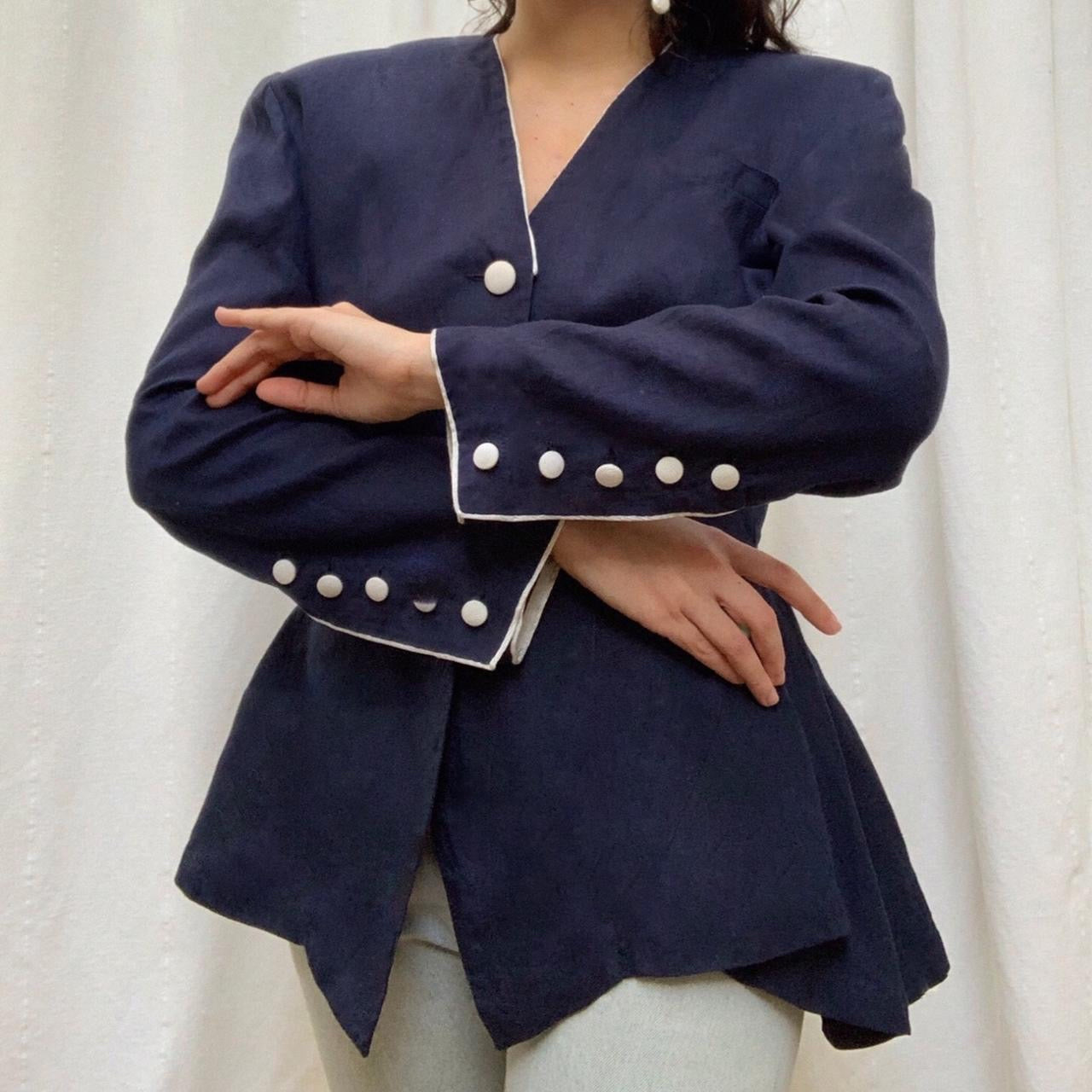 Vintage Designer Rocco Barocco Navy Peplum Linen Top Jacket