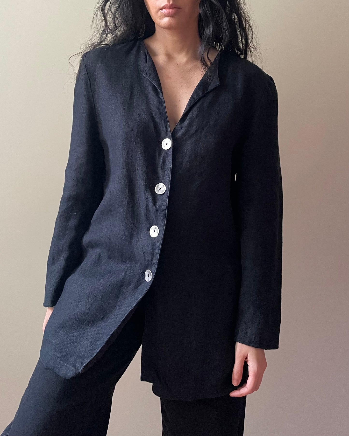 Vintage Black Linen Feminine Top w/ Metal Buttons