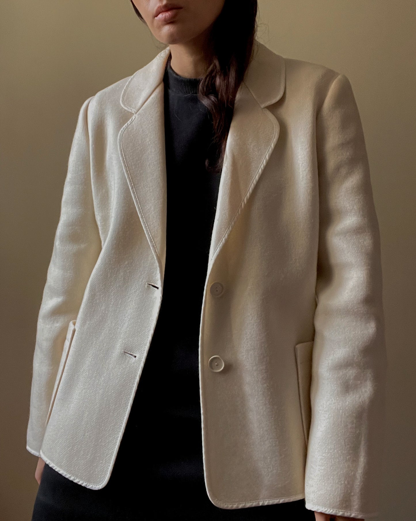 Vintage Preppy Cream Wool Blazer with Pockets