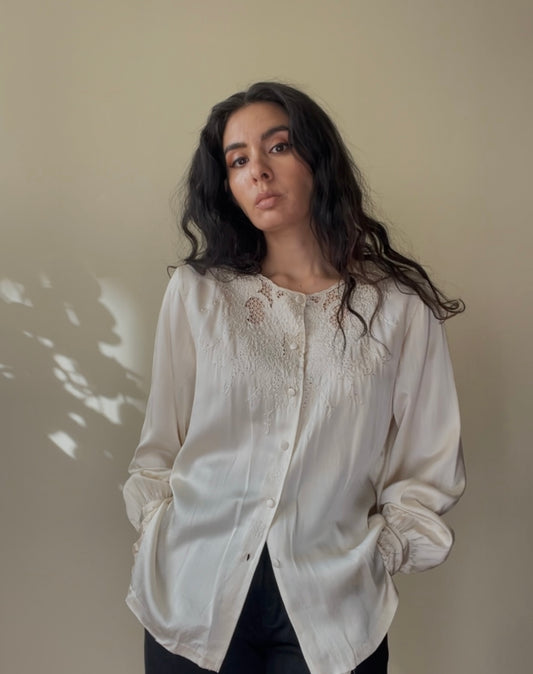 Vintage Cream Satin Silk Embroidered Collarless Top