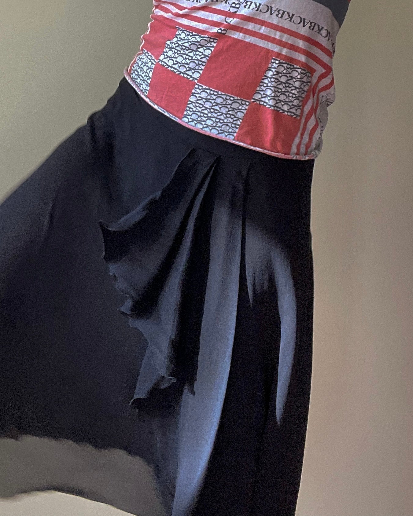 Vintage Designer Armani Midi Black Silk Ruffle Trim Skirt