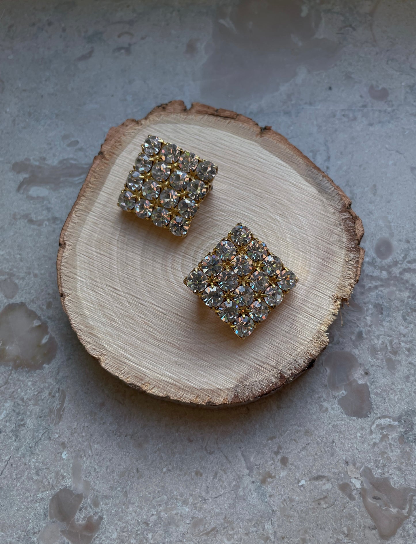Vintage Golden Crystal Grid Clip Earrings