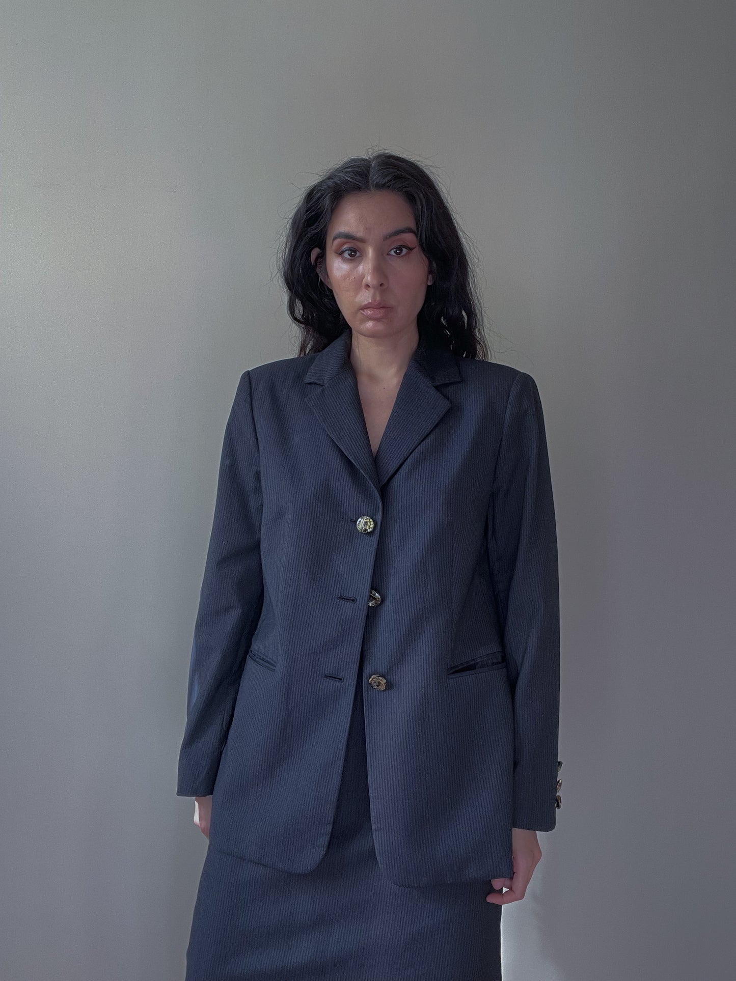 Vintage Designer Gianfranco Ferré Studio Navy Wool Stripe Skirt Suit