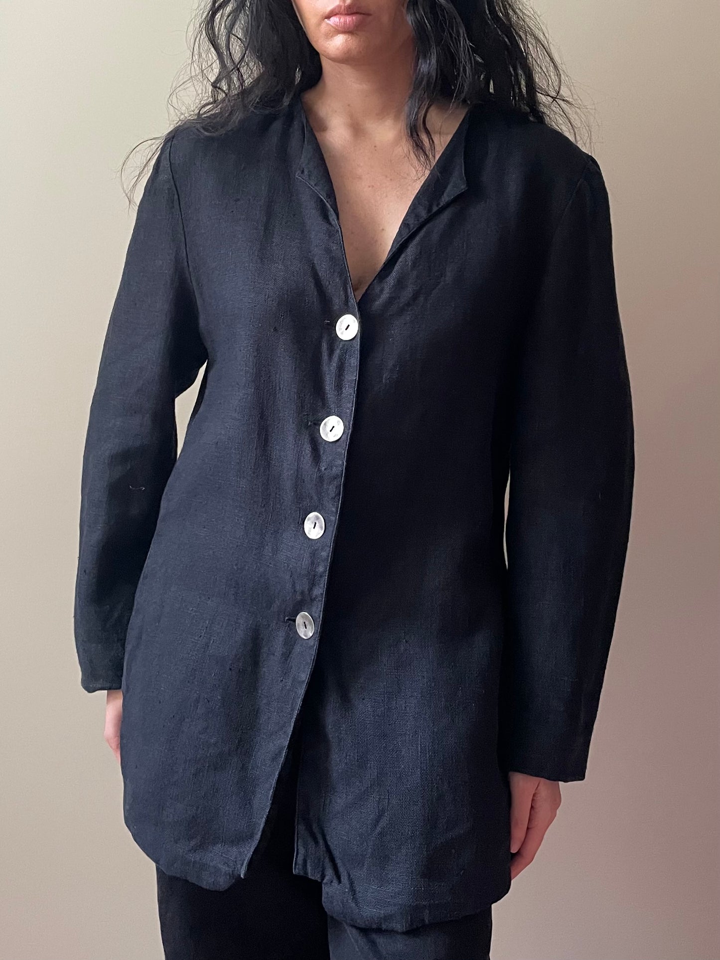 Vintage Black Linen Feminine Top w/ Metal Buttons