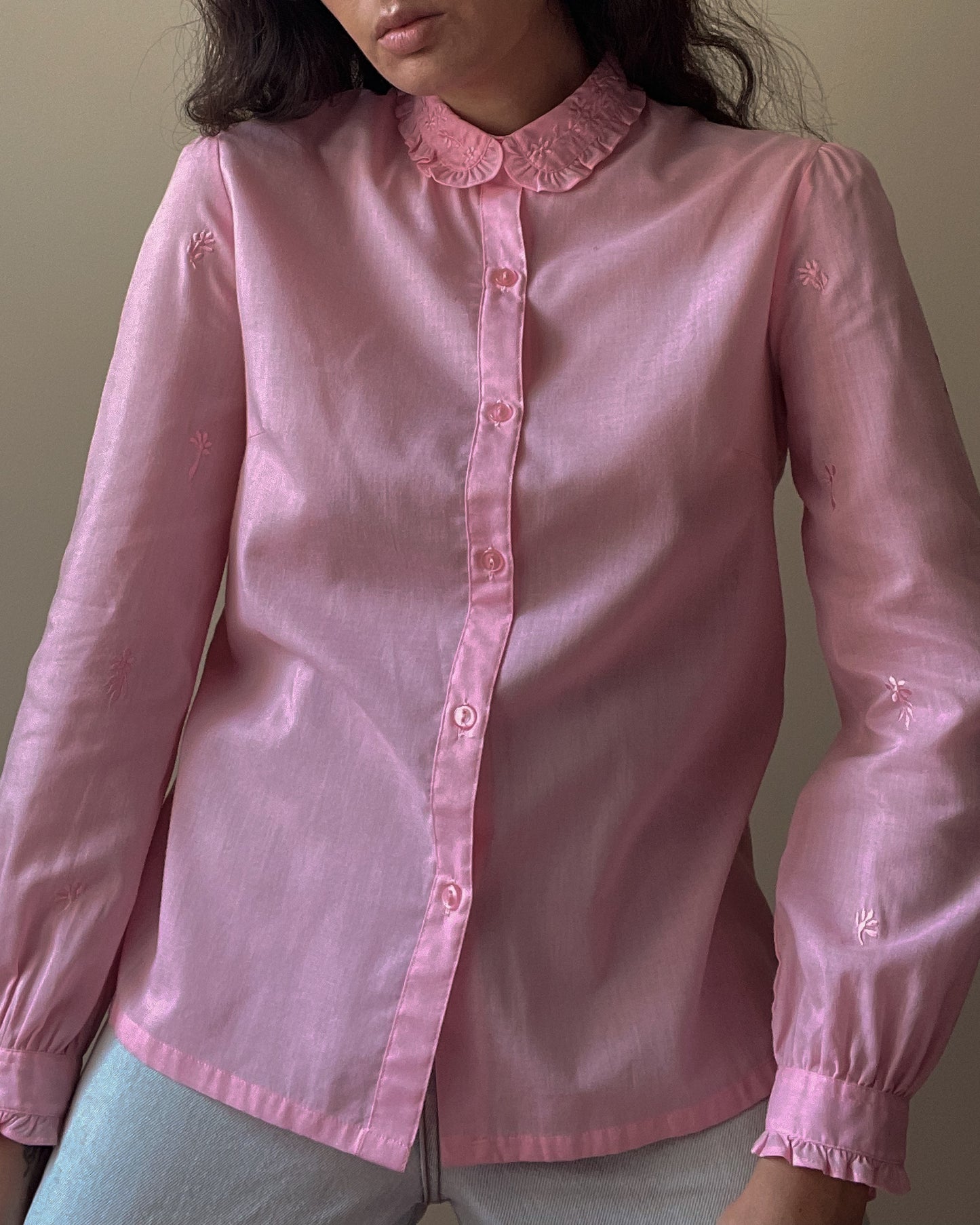 Vintage Pink Cotton Embroidered Cufflink Shirt