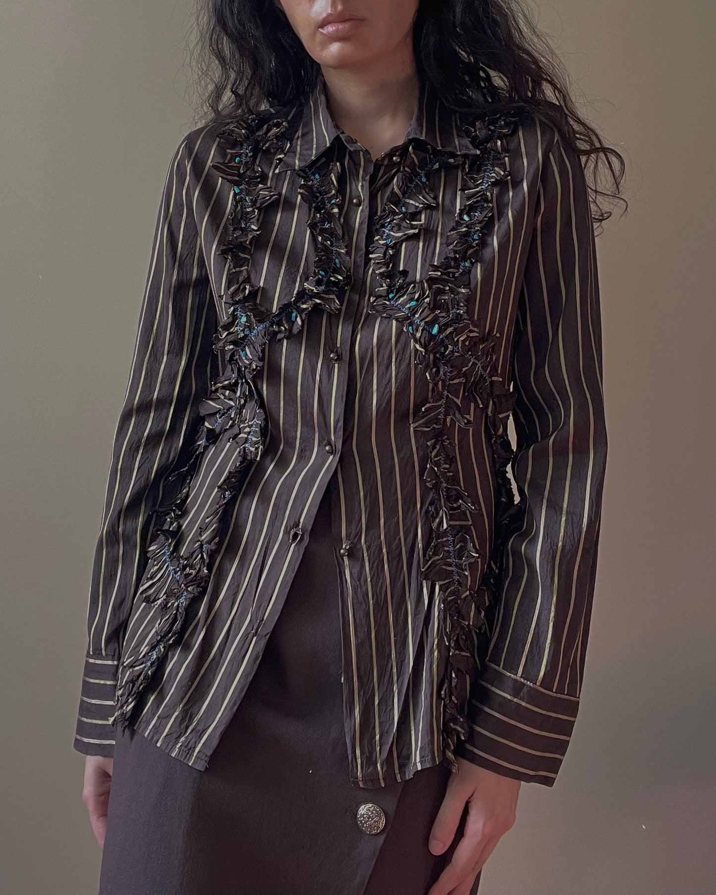 Vintage Designer Class By Roberto Cavalli Brown Stripe Ruffle Top
