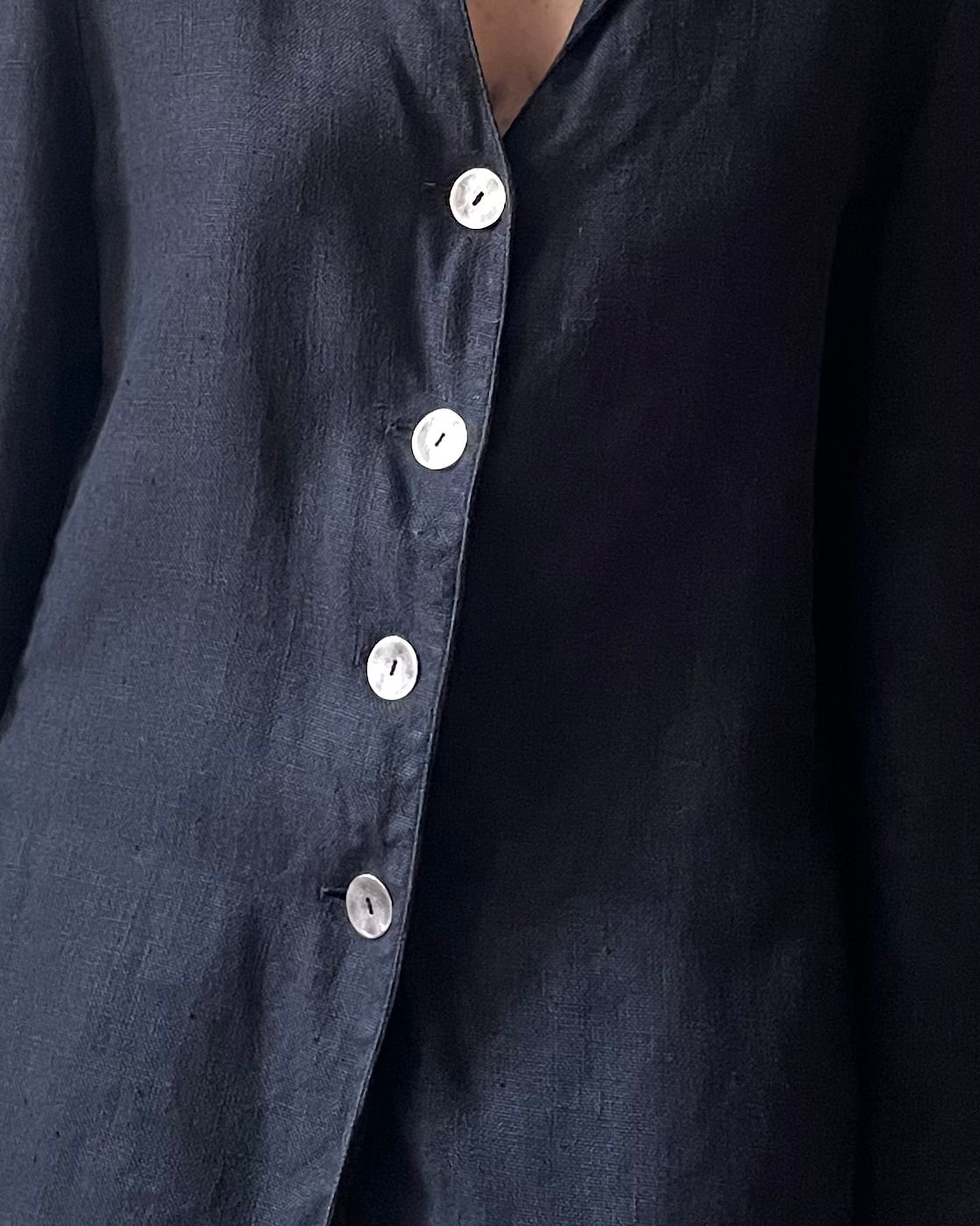 Vintage Black Linen Feminine Top w/ Metal Buttons