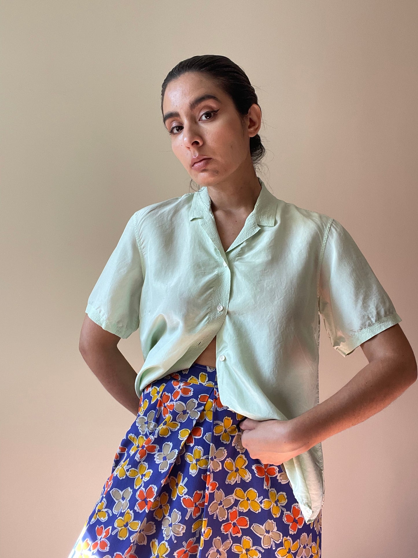 Vintage Designer Jil Sander Green Boxy Stitched Silk Top