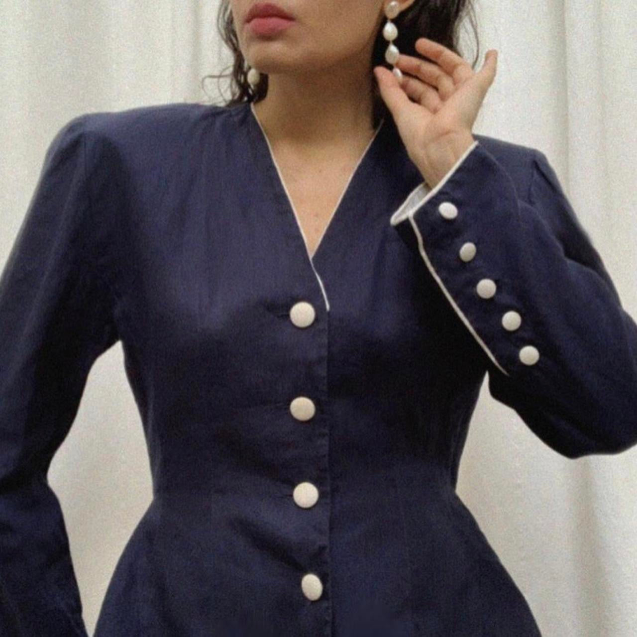 Vintage Designer Rocco Barocco Navy Peplum Linen Top Jacket
