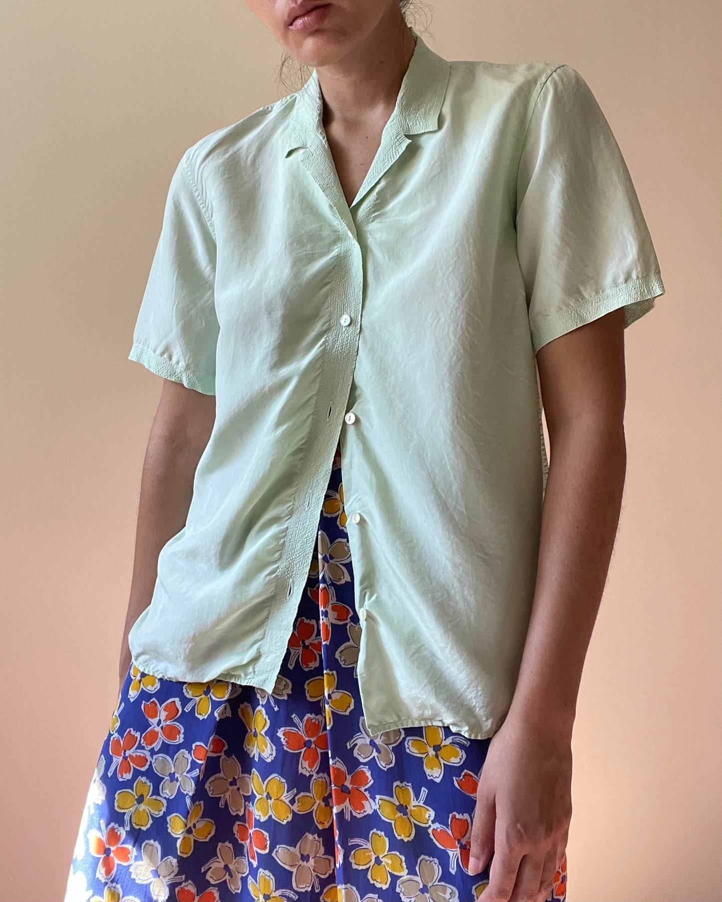 Vintage Designer Jil Sander Green Boxy Stitched Silk Top