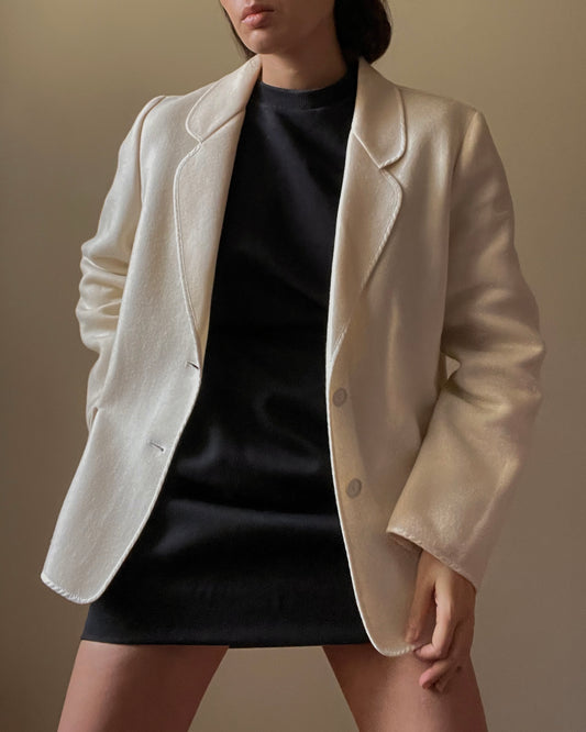 Vintage Preppy Cream Wool Blazer with Pockets