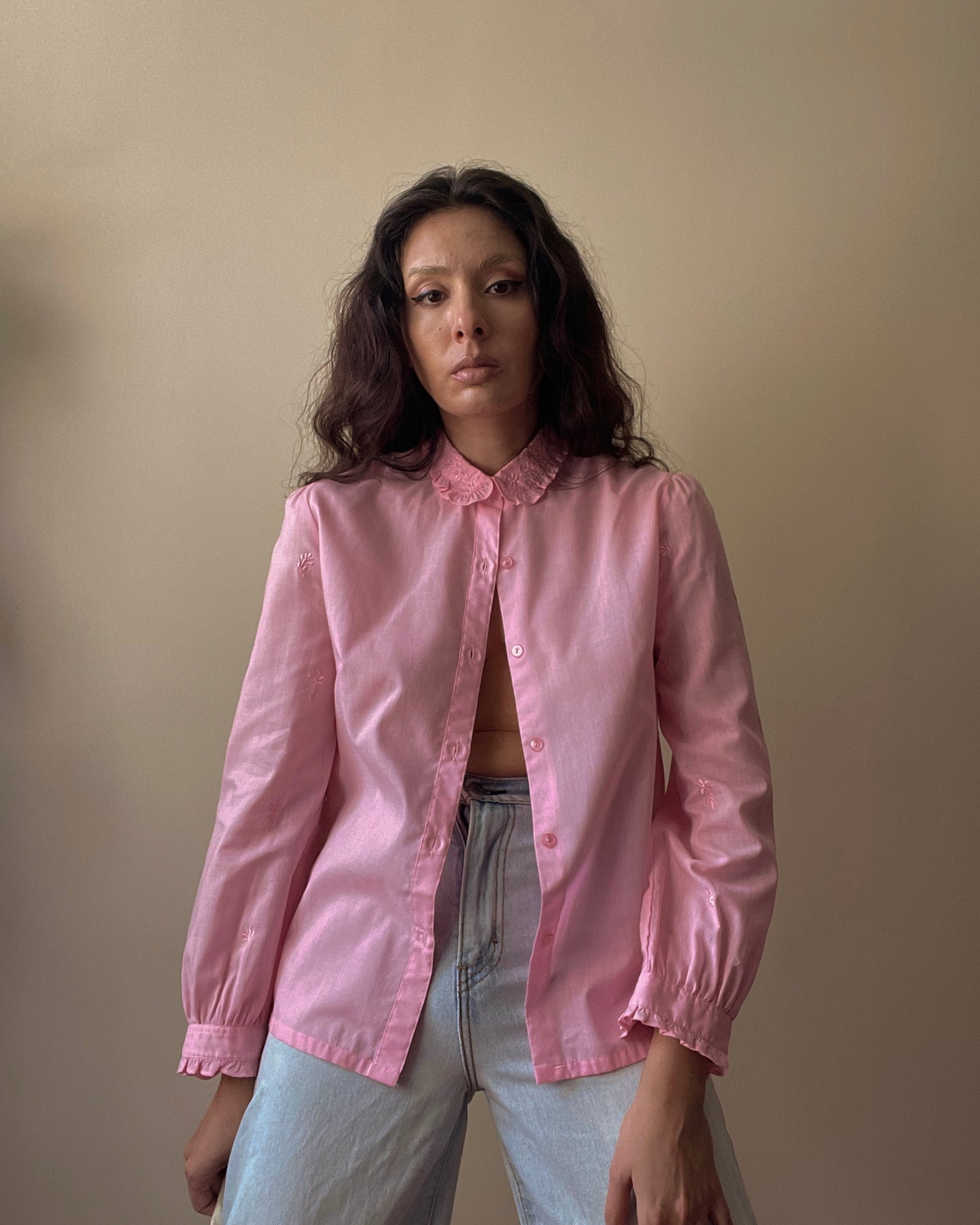 Vintage Pink Cotton Embroidered Cufflink Shirt