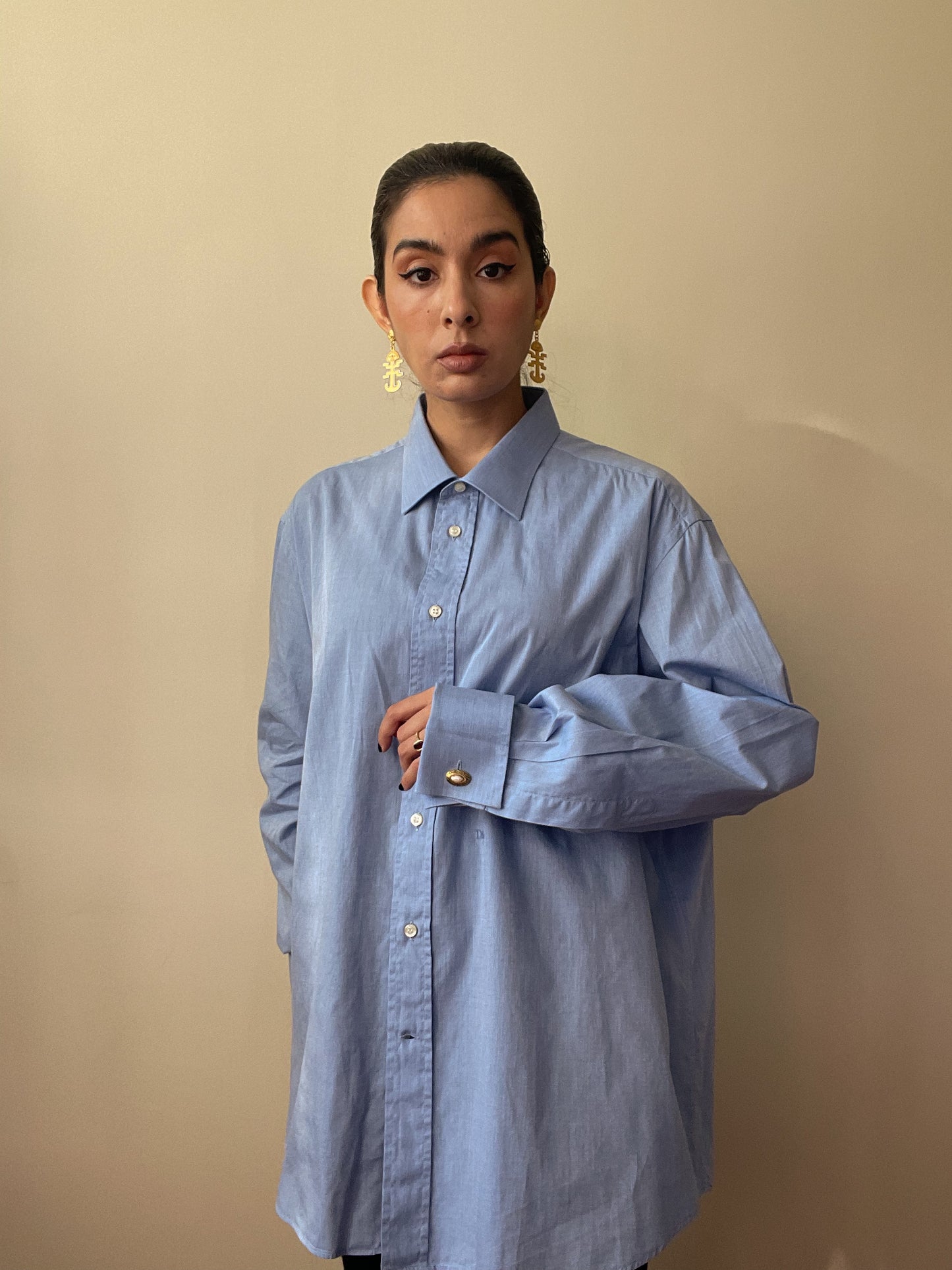 Vintage Designer Christian Dior Blue Cuff Link Shirt