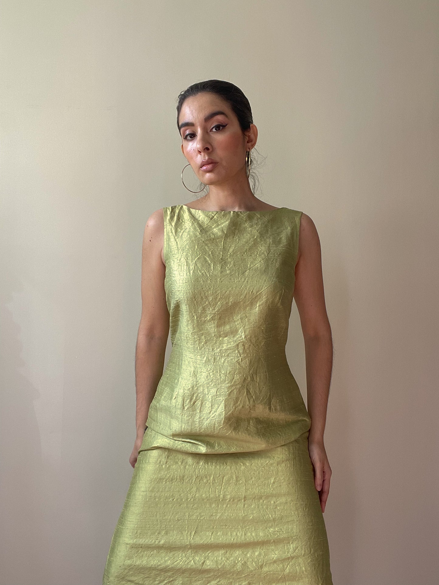 Vintage Pistachio Green Silk Sleeveless Dress
